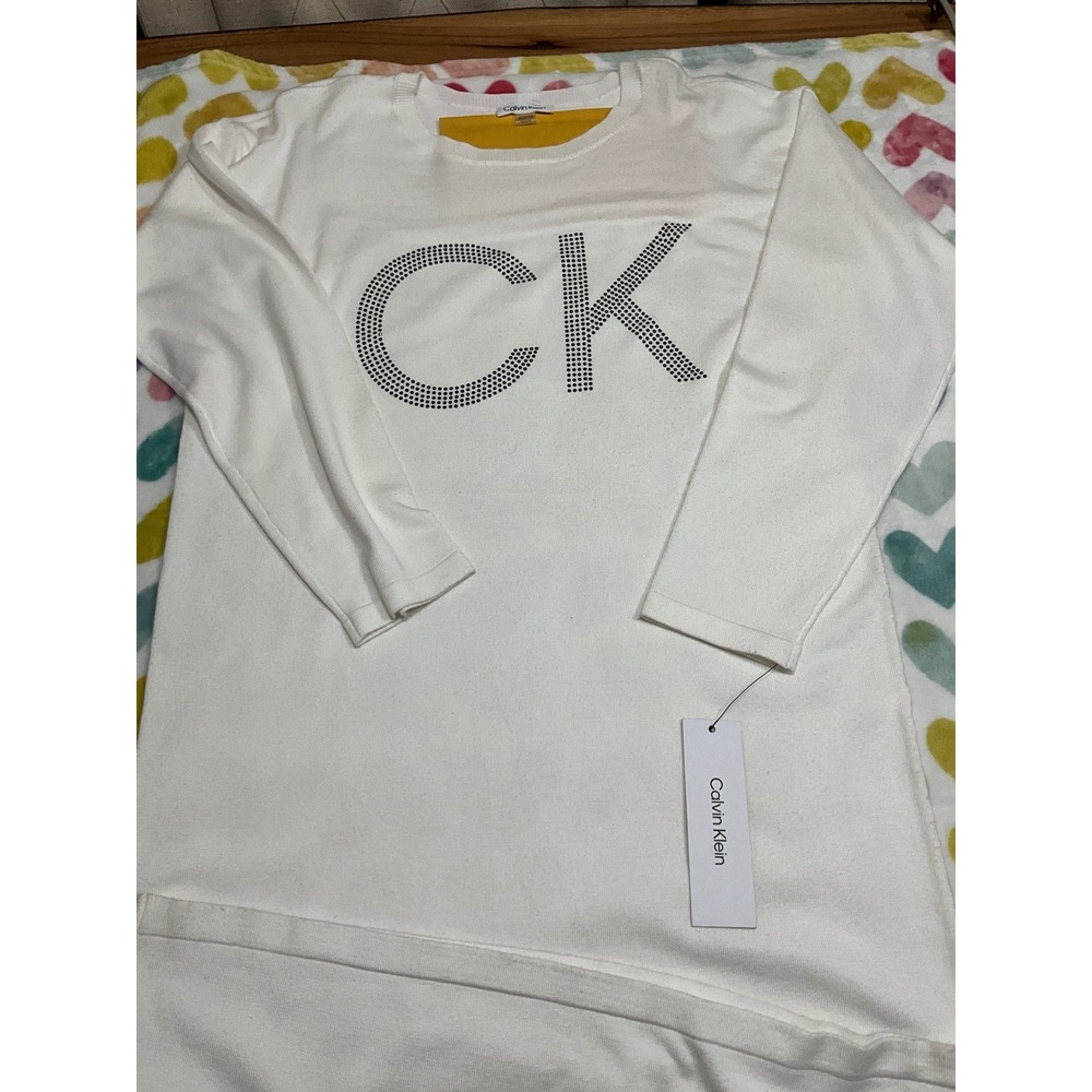 NWT Calvin Klein Women White CK Logo Rhinestone Long Sleeve Crew Neck Top M
